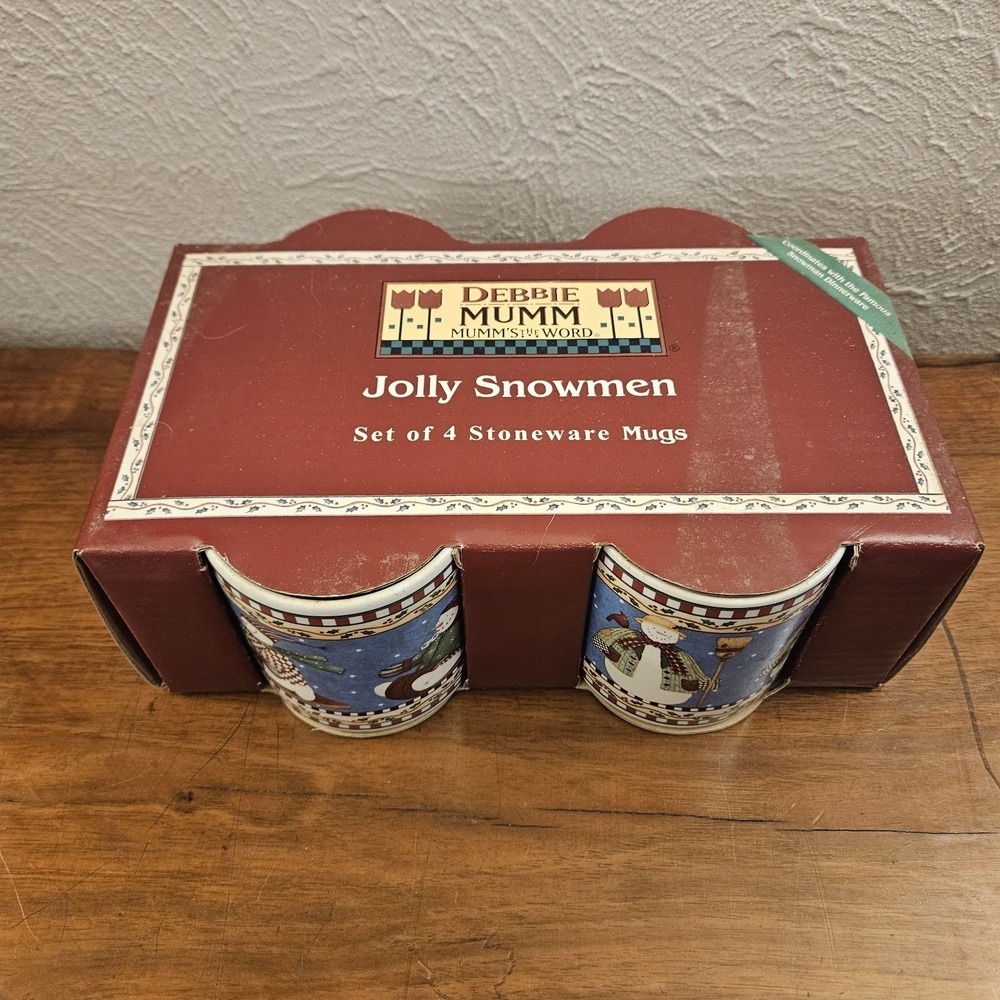 Debbie Mumm Jolly Snowmen Mug Set of 4 Christmas Stoneware Cups Red Sakura